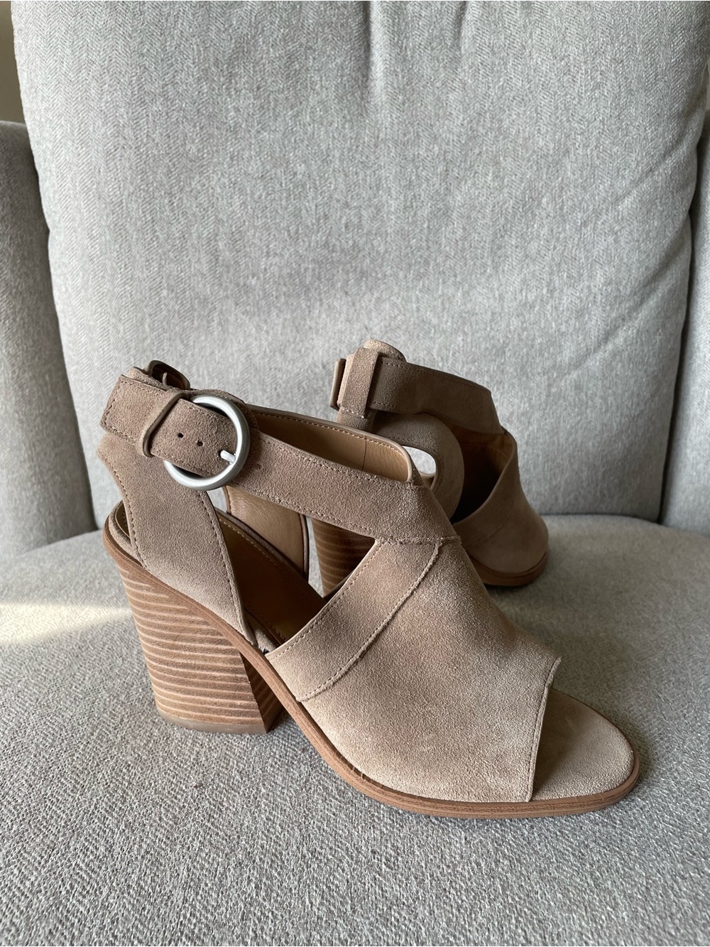 Marc Fisher Taupe Suede Open-Toe Block Heel Sandals